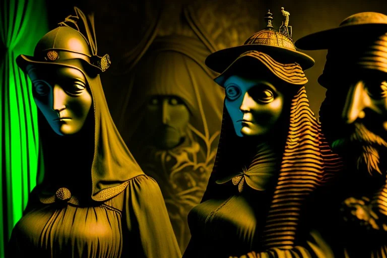 Daguerrotype close up some mysterious figures, odd background, cinematic, Hieronymus Bosch Max Ernst ambient light, by Minicavio Quollati and Marlost Endgulp, Amano, Botticelli, Alphonse Mucha