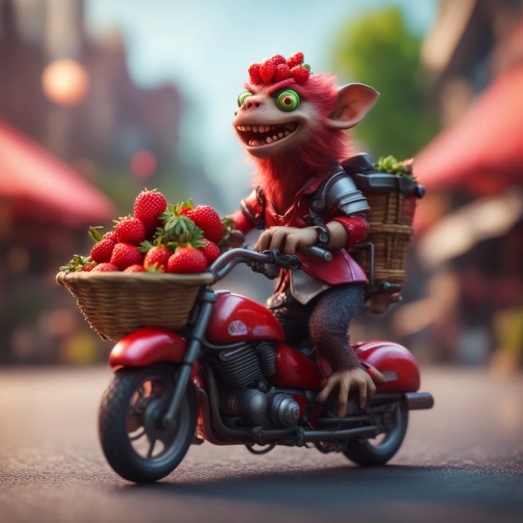 hairy heavy metal kobold strawberry beast business man on motorbike on stage with long eyebrows holding a basket of berries ,bokeh like f/0.8, tilt-shift lens 8k, high detail, smooth render, down-light, unreal engine