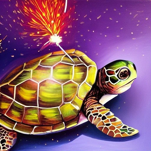 Oil painting style turtle and fireworks