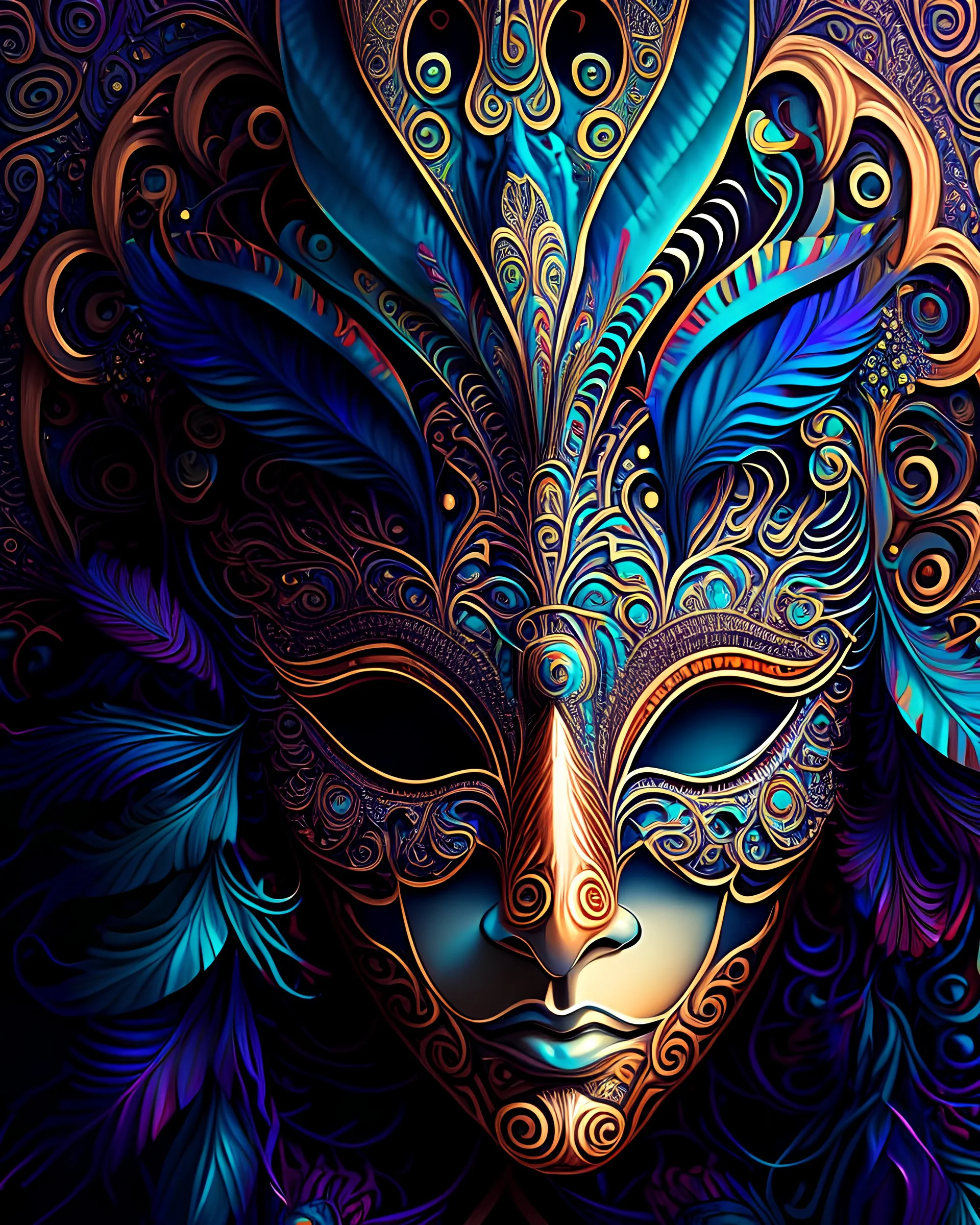 centered detailed venetian mask, vibrant peacock, intricate, elegant, highly detailed, digital painting, smooth, sharp focus, illustration, illuminated lines, outrun, vaporware, intricate venetian patterns