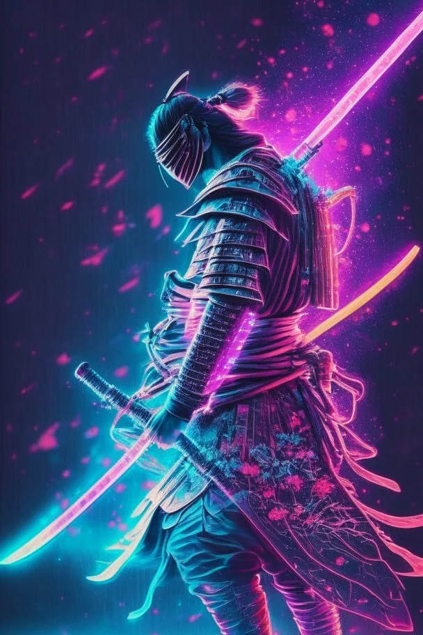 Mystical samurai emitting an aura with a long, neon sword emitting an aura