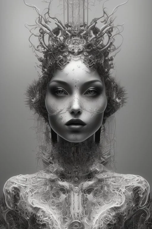 a black and white double exposure photo of a woman's face, an ultrafine detailed air brush painting by Hajime Sorayama, Kyle cooper, and Dan Hillier, cgsociety, dark erotica, avant garde gothic androgynous, mixed media, dystopian art, cosmic art, analog horror, nightmarefuel, hauntingly beautiful, beautifully ominous, sharp and razor focused in stunning HD, world class art, unique, modern masterpiece, exceptional, exquisite, dark fantasy, grime, neoism, apocalypse art, calotype