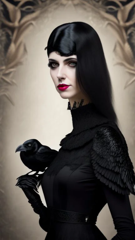 portrait of a beautiful goth woman with Caress a crow, wearing a black dress, 8k, high quality, highly detailed full body