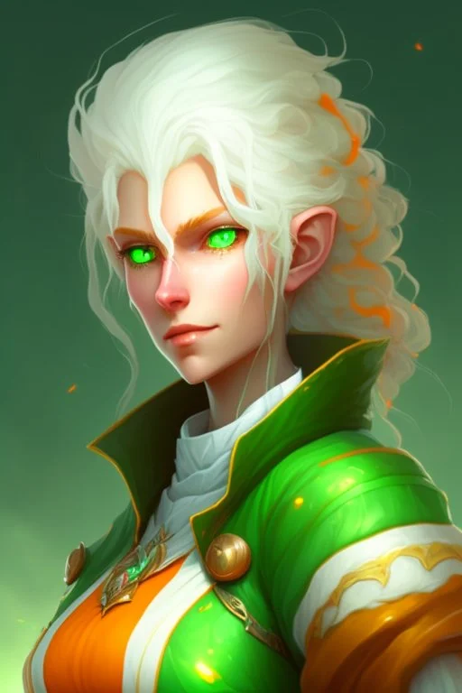 fantasy setting, woman with orange and white hair, green eyes, tall and frail, kind, soft facial traits