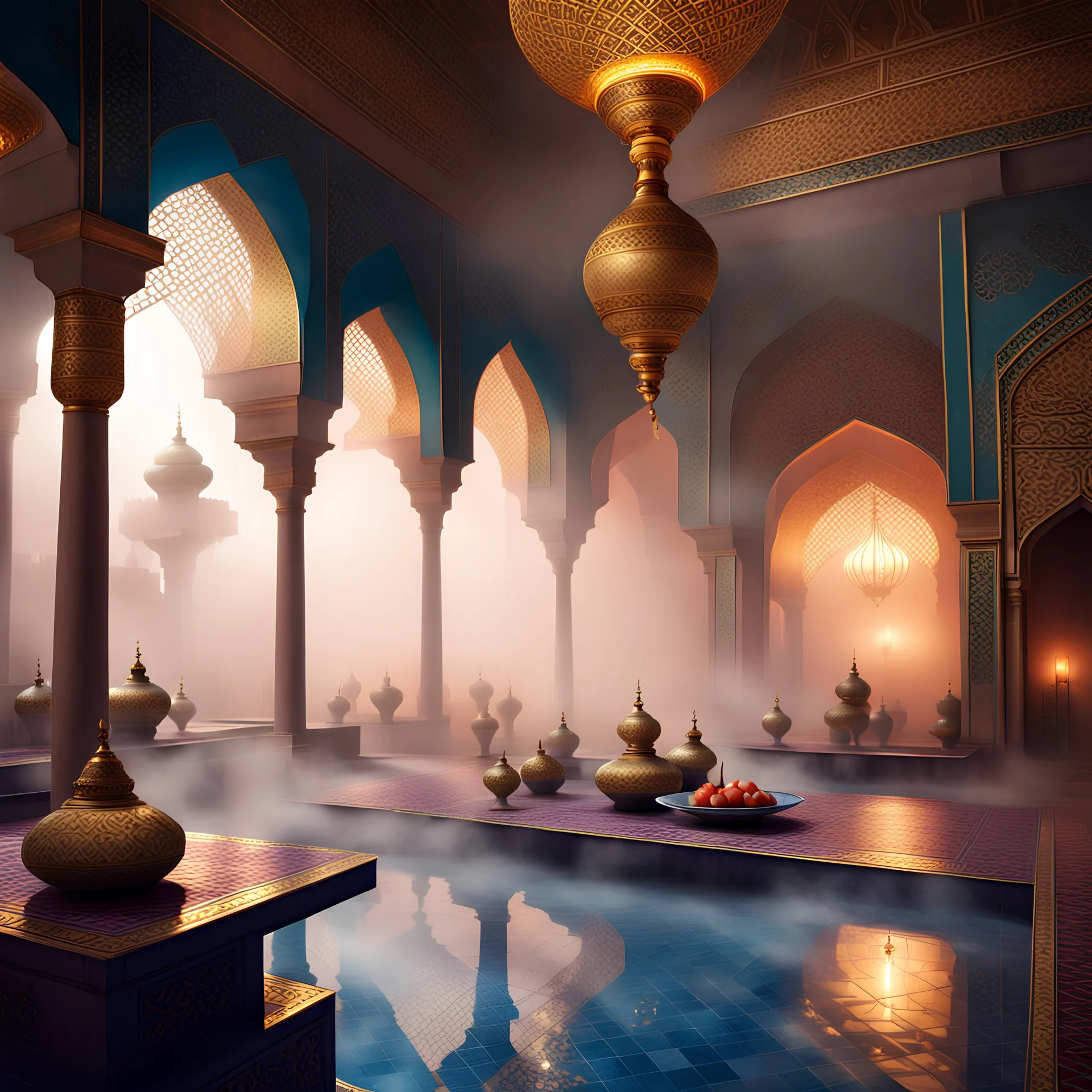 Luxurious persian palace, mist, magic, genie, thick fog, interior, arabian nights, riches, smoke, feast