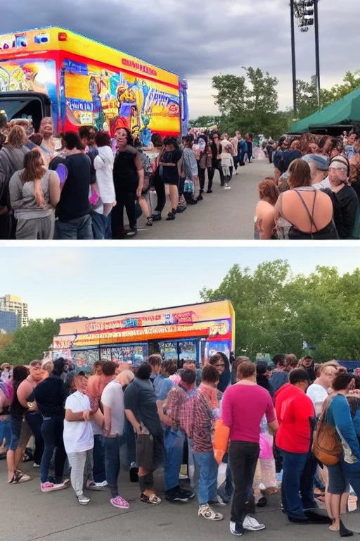 stadium sized crowd waiting in line for awesome looking food truck that has a bunch of bright paint and flashy lighs