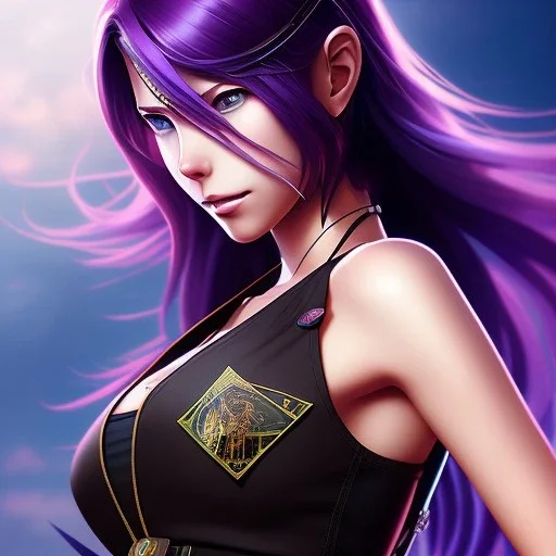 revy black lagoon, purple hair, black tank top, jean shorts, tribal sleeve left arm, portrait shinkai makoto, studio ghibli, studio key, madhouse anime studio, artgerm, lau rossdraws james jean marc simonetti pixiv