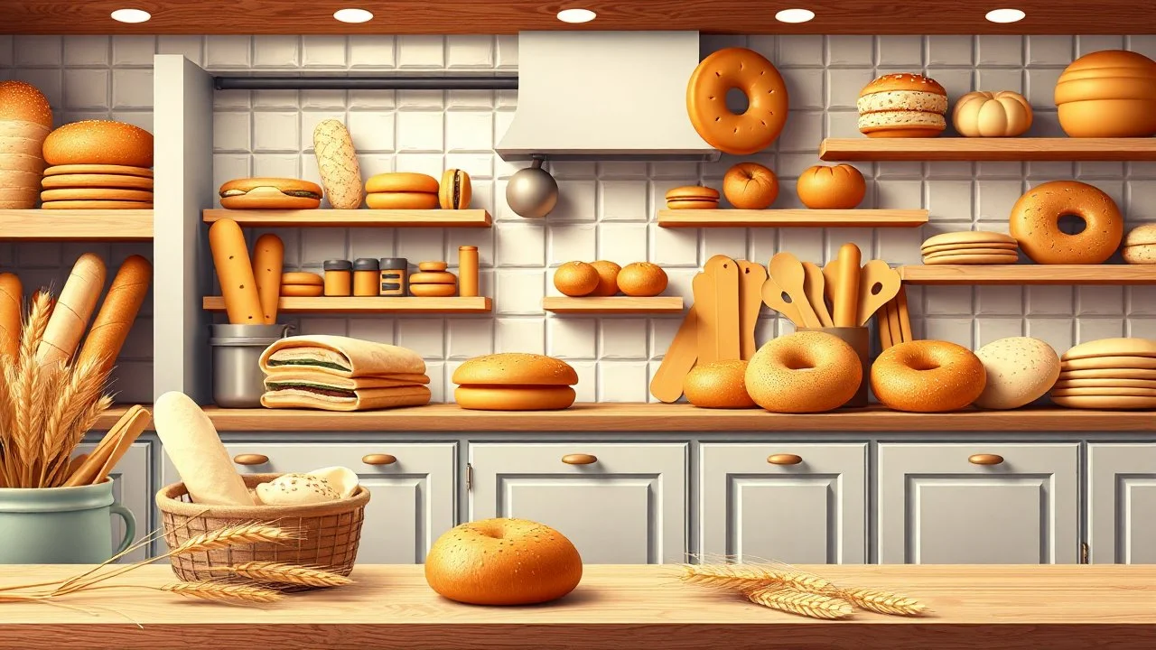 A design for a bakery shop with a kitchen full of fancy breads including baguette, sandwich, toast, bagel, tortilla, white, and whole wheat and wheat ears and sesame seeds in the picture in the Tosi color theme.
