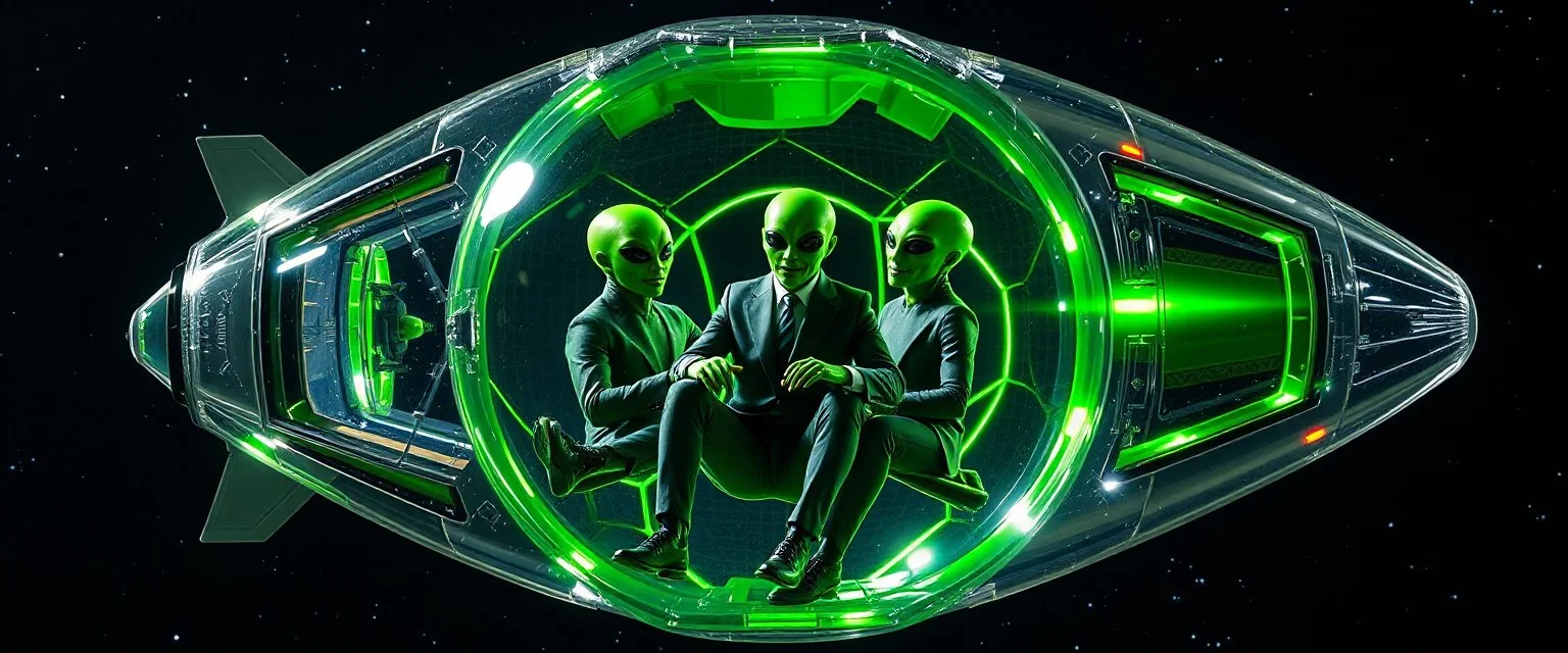 highly regular and hairy transparent soccer ball space ship with green alien director men inside, front flaps, ailrons, smiling welcoming