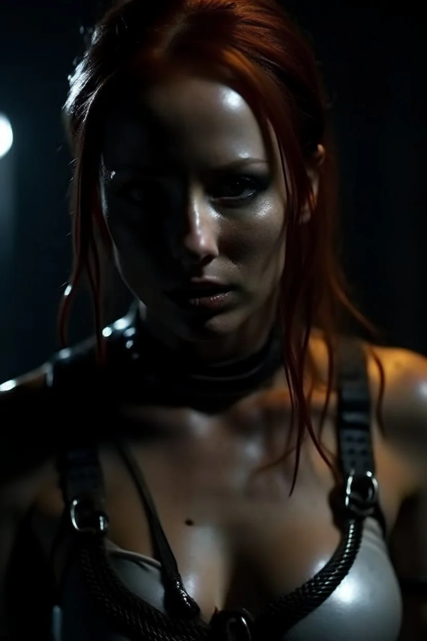 A redhead girl gagged with sculpted abs captured by a movie villain, full body scene