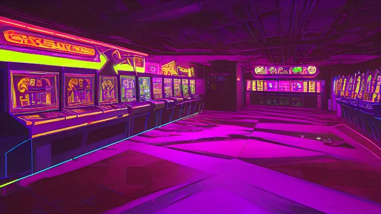 A dark photo of the corners of an 80's aesthetics arcade at night, with a lot of functioning arcade machines, a vaporwave floor and some colorful tiles in between the floor. Purple aesthetics.