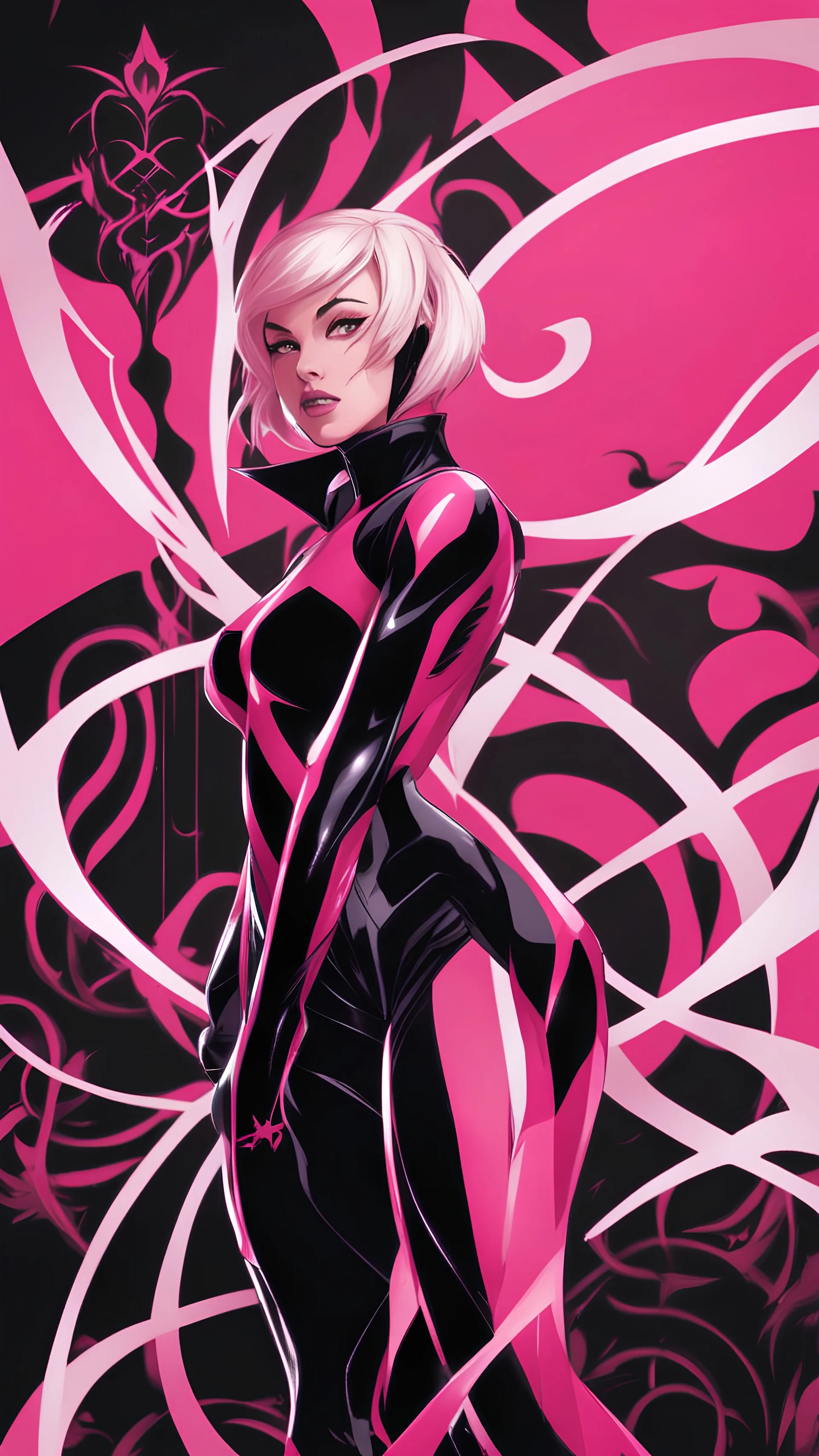 A close picture to Mix between gwenpool and symbiote, symbiote venom in background, pink and black custom, intricate details, highly detailedin in solo leveling shadow art style