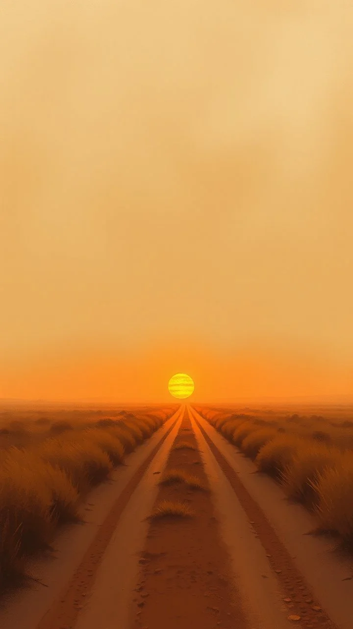 very dusty dirt path with sunset in the prairies, low horizon line, old western, painting based on grainy photo, orange brown tones