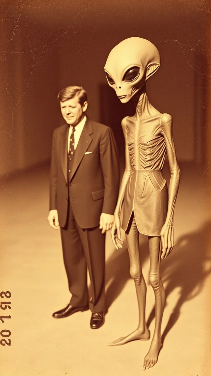 An old picture style of white and brown and very bad quality old camera with cracks of JFK standing with an Alien who is wearing a suit, the year 1900