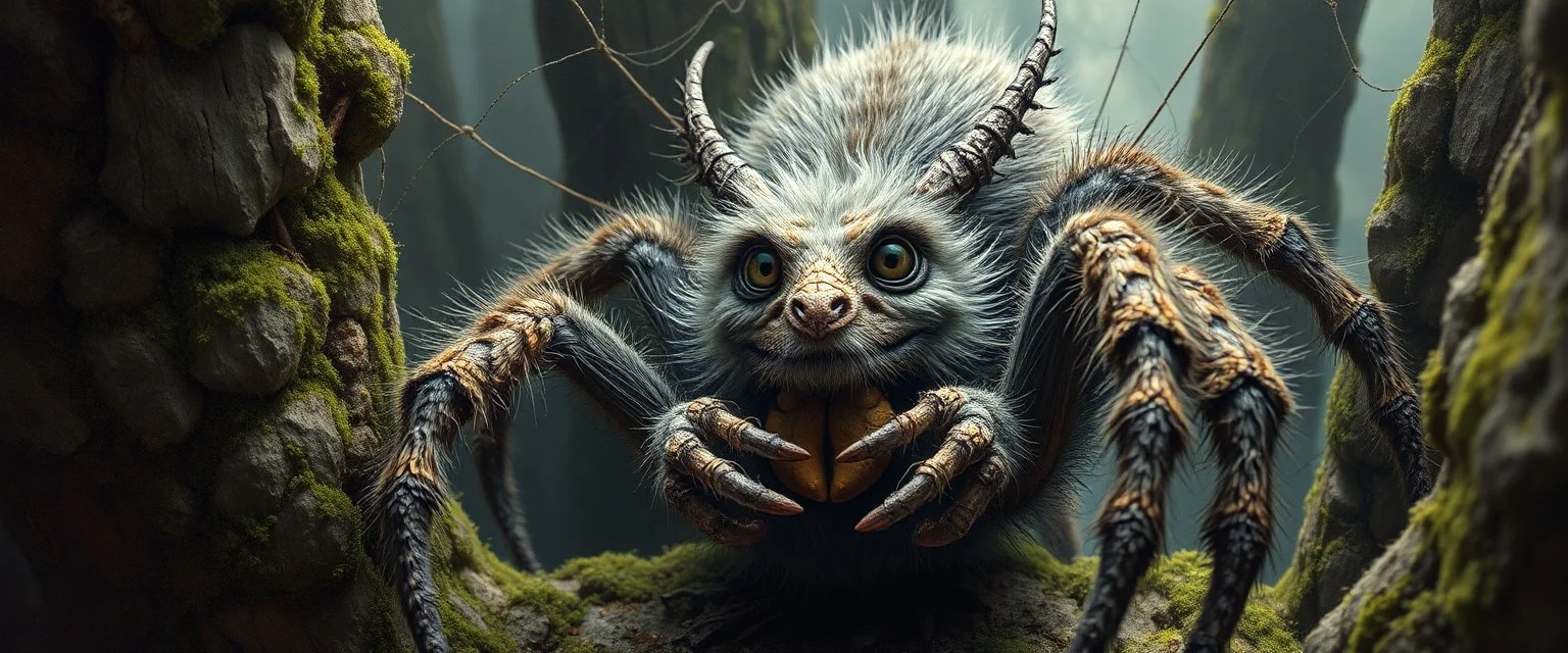 the weird face of a fluffy dragon spider yoga with charm in web from mossy tower, master oil painting by Rembrandt and Escher, moss covered space station, brightened edges to give a sense of depth