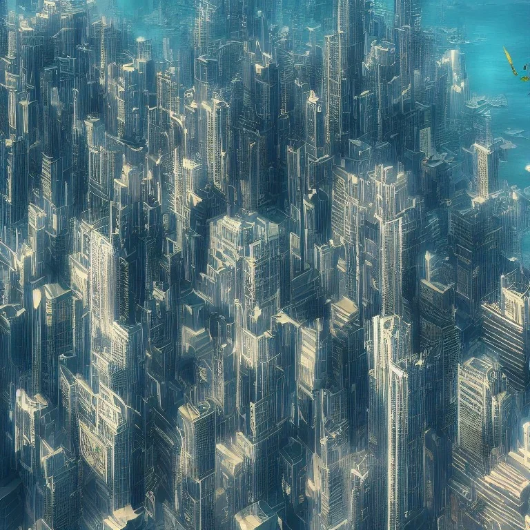 FLYING OVER THE OCEAN, BIG CITY SKYSCRAPERS, ORANGE cinematic lighting, 4k, 8k, octane render, digital concept art, ambient lighting,