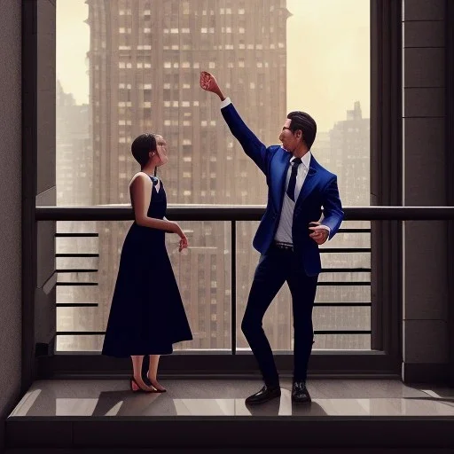 a man and a woman screaming at each other on a balcony, downtown new york, dramatic, dramatic lighting, volumetric lighting, hyperrealism, 8k, high quality, photorealistic, lot of details