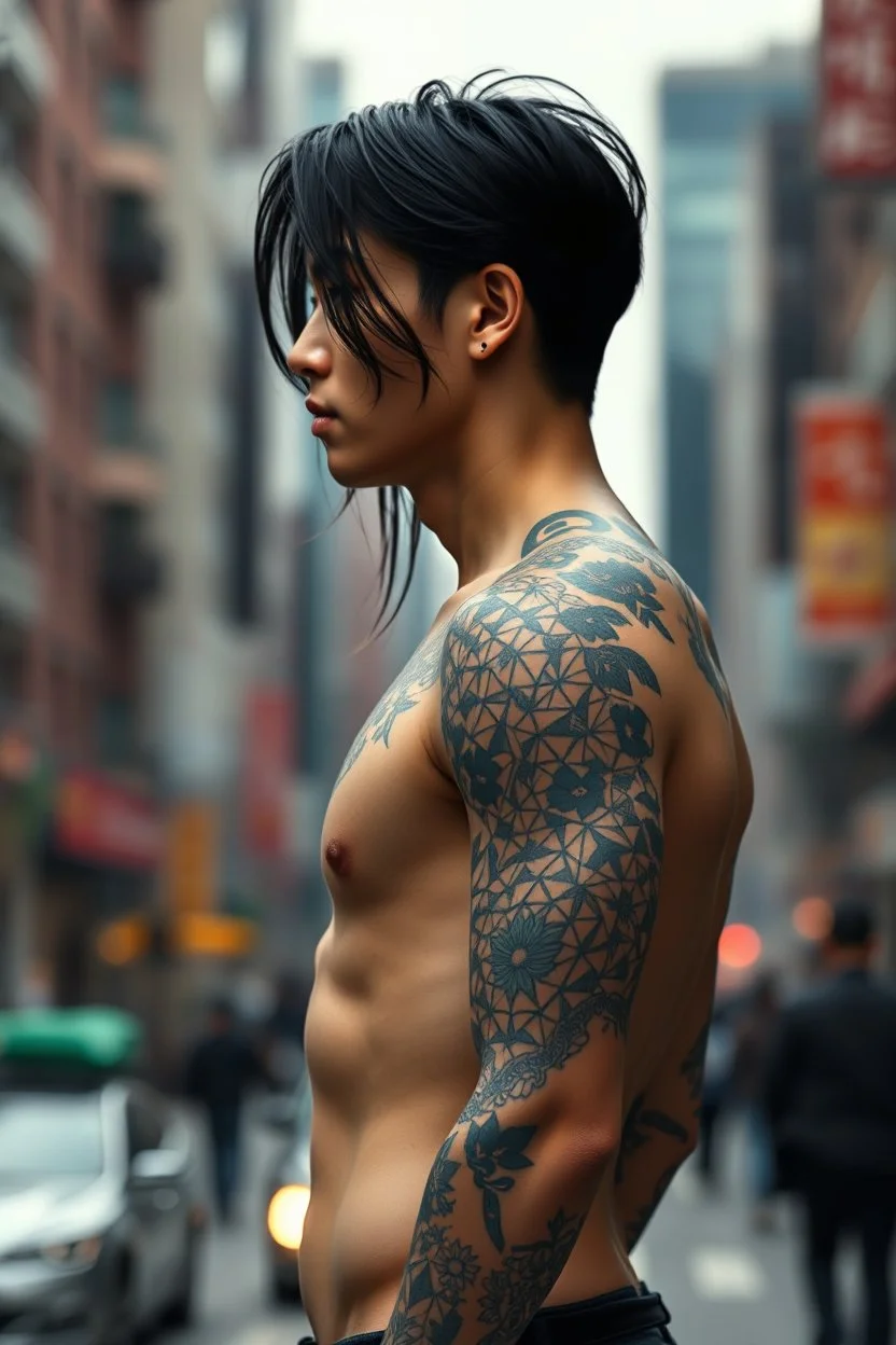 tattooed korean man, nice profile, attraktive handsome, medium long black hair, hot body, his body with geometric tattoos, deep dark colors, blur random city background, highly detailed, modern vibe, photorealism
