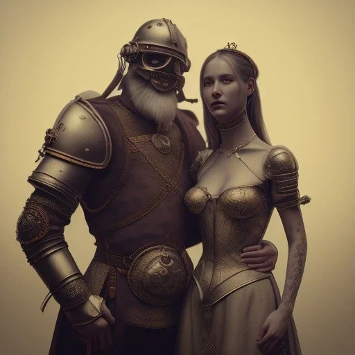 a cute smiling girl with her husband in medieval armor with a tattoo in her face, michelangelo style, steam punk, scary, horror, realistic, made in octane, cinematic, ultra-realistic, extremely detailed octane rendering, 8K, VRAY Super Real ar 2:3, dof photorealistic futuristic 50mm lens hard lighting dark gray tintype photograph, realistic lighting, sephia colors