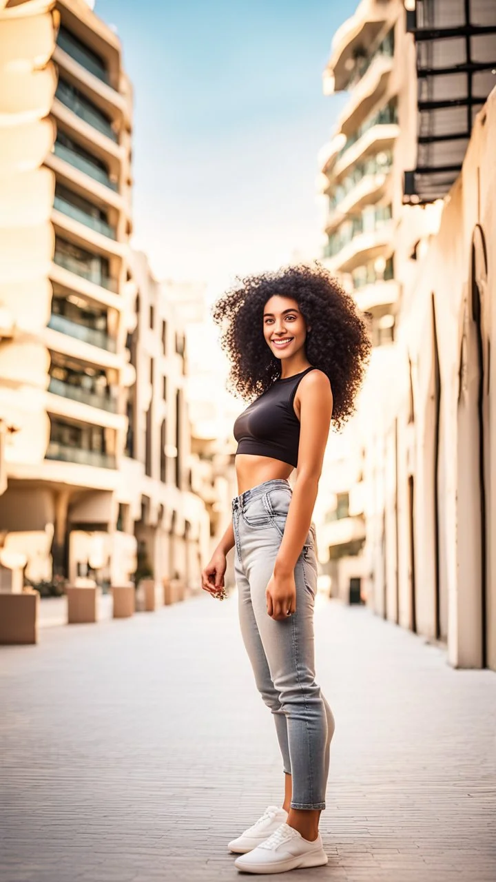 A realistic selfie-style self-portrait of a confident influencer aged arab18-37 in an urban setting, dressed in trendy sportswear or beachwear to showcase her slender figure. Her creative curly black hair shines under softbox lighting accentuating her flawless skin. The vintage camera shot with a macro lens introduces a charming bokeh effect. Every detail, from her complexion to body contour, is outlined for a high-quality image –ar 4:5 –testp –upbeta –octane.