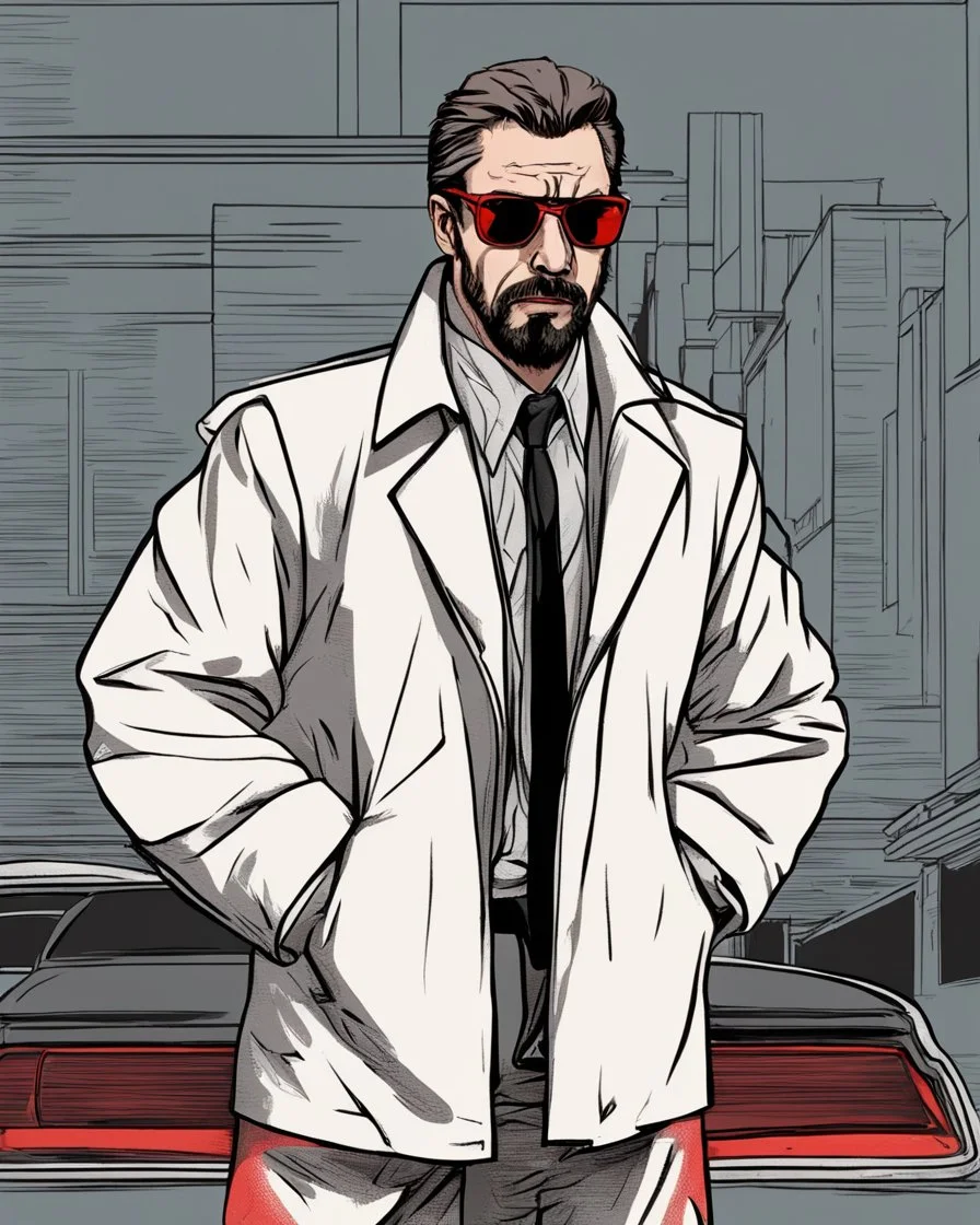 a young man with big muscles who looks like hans gruber wearing a heavy coat and red sunglasses staring with an irritated look on his face