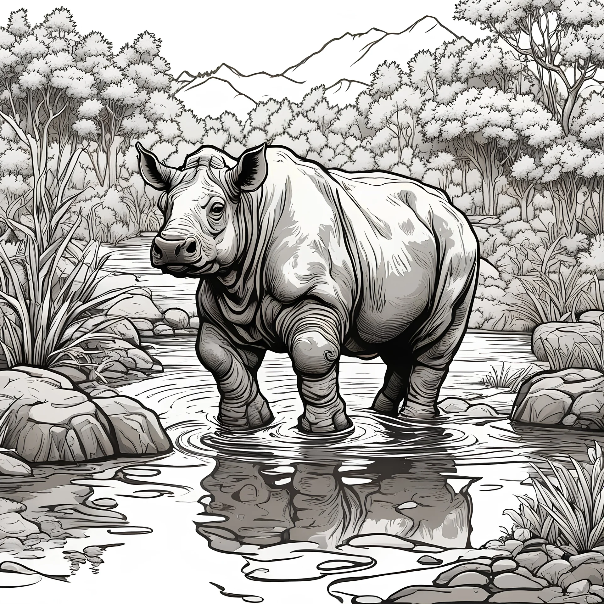 create a coloring book page of An Indian rhinoceros wading in a river , high contrast, easy to color, black and white, vector,