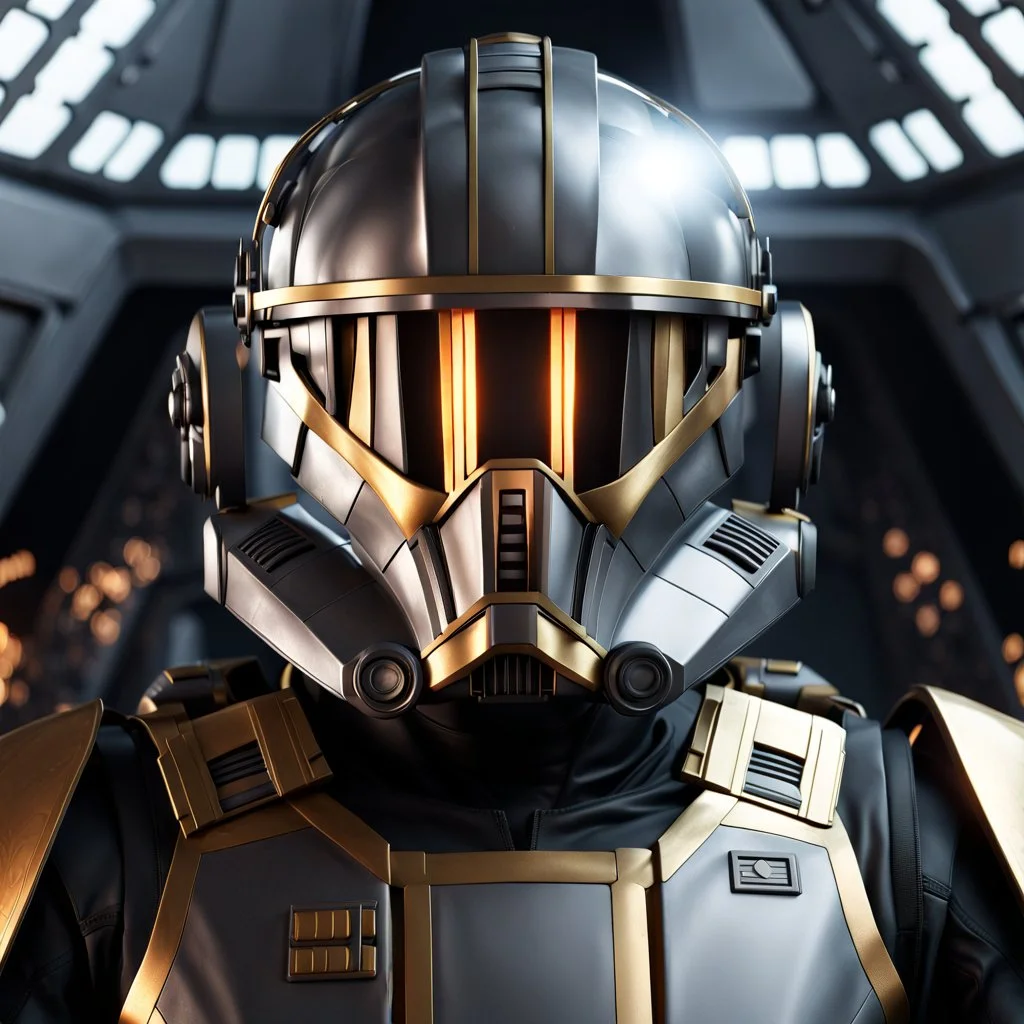 star wars bald male corellian pilot wearing dark gunmetal grey and black First Order special forces TIE pilot armored flightsuit and helmet with gold trim inside the jedi temple, centered head and shoulders portrait, hyperdetailed, dynamic lighting, hyperdetailed background, 8k resolution, volumetric lighting, light skin, fully symmetric details