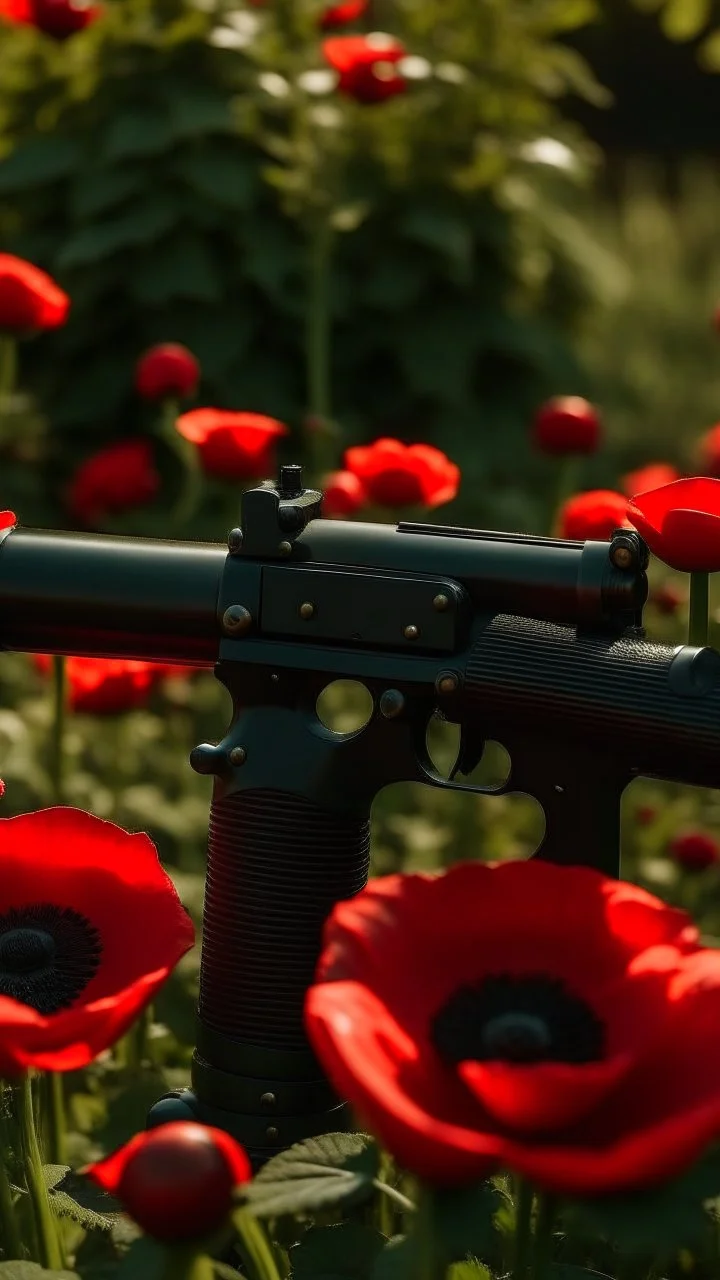 black gun with red kiss on it in a garden full of red poppies. cinematic