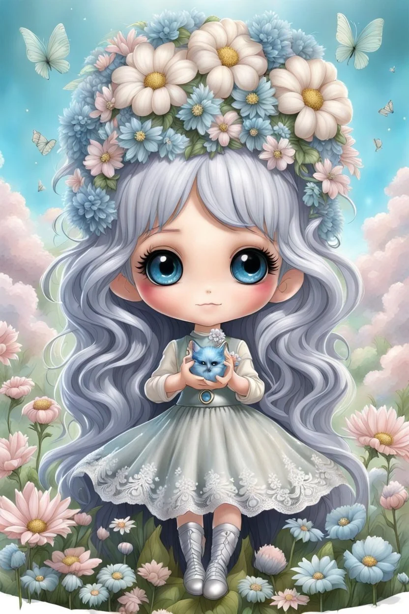 cute happy fairy girl with rounded blue eyes, big long silver hair, and with tiny black fluffy kitty sitting in her five fingers hands, chibi 3d anime character, detailed, fantasy style, nice picture in the big meadow with pale colors flowers