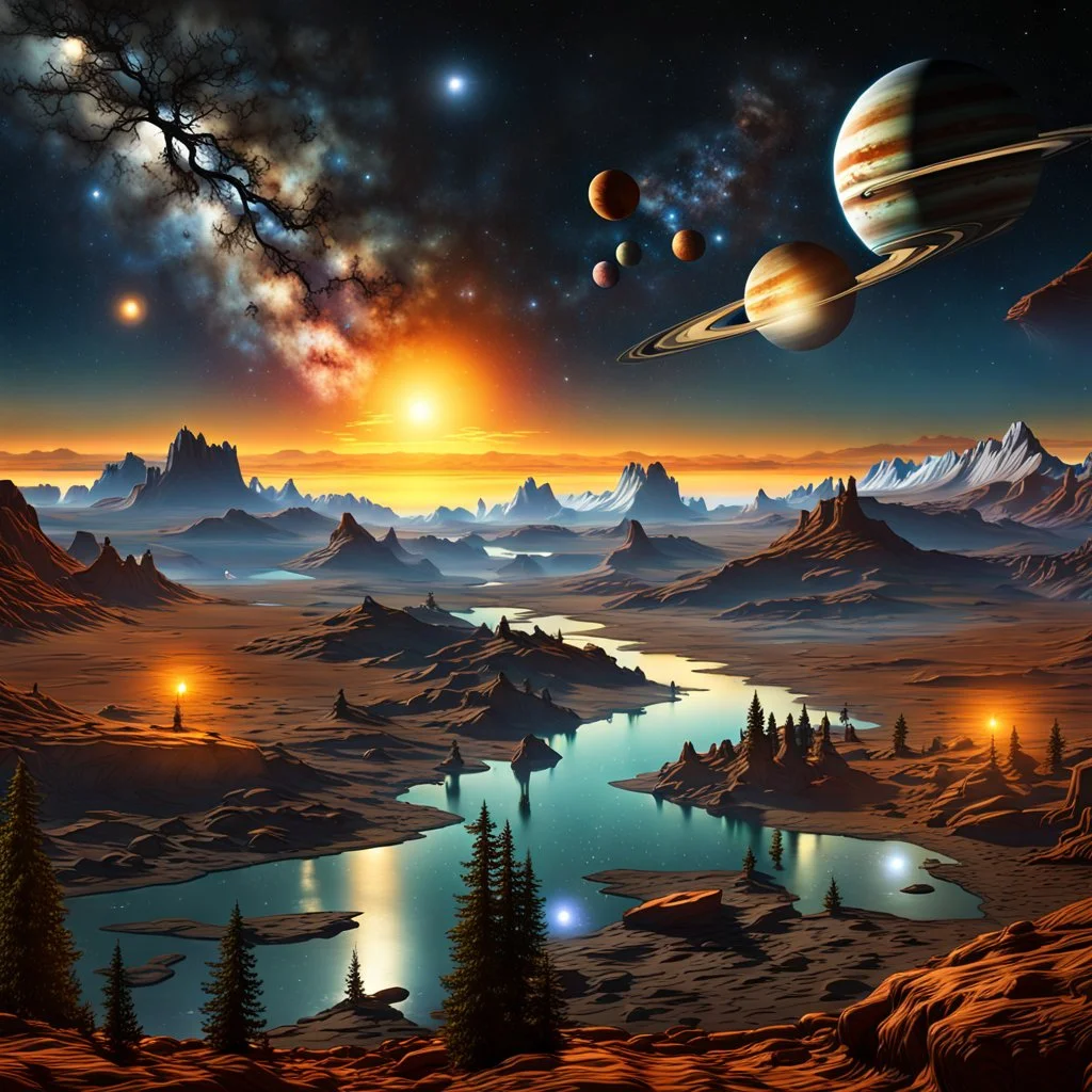 Beautiful view five planets Jupiter, Mercury, Venus, Uranus, Mars align sky universe filled with night stars constellations and milkyway. Modifiers: sharp focus extremely detailed Award winning photography fantasy intricate 8k beautiful dynamic lighting award winning fantastic view high definition crisp quality Unreal Engine colourful VRay