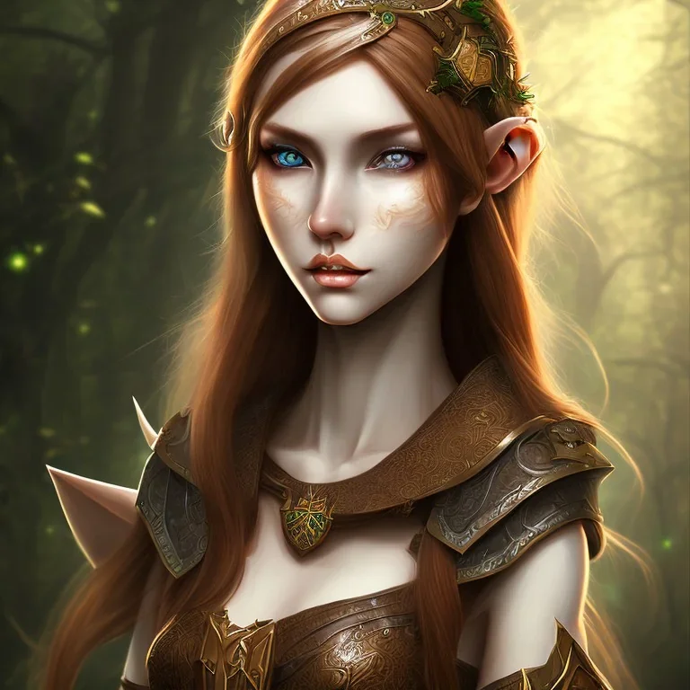 dungeons and dragons female elf druid, brown hair, brown eyes, pale skin, full body, realistic face