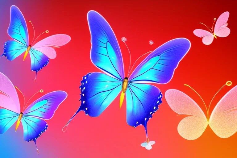  gold background, rise of soft transparent blue and pink butterflies