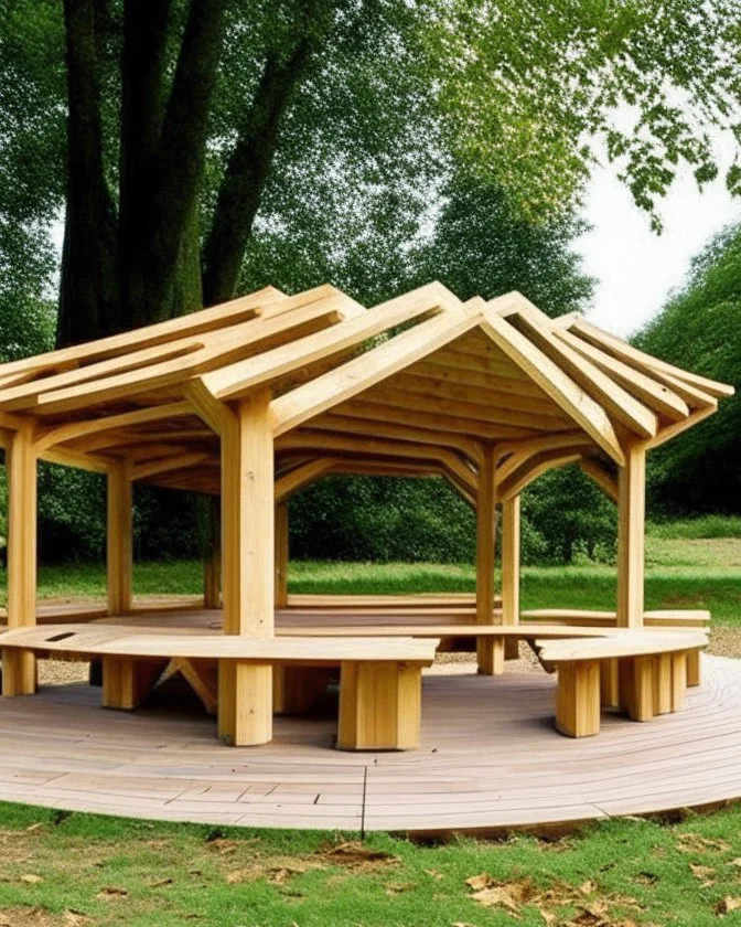 unique wooden pavillion with benches for park