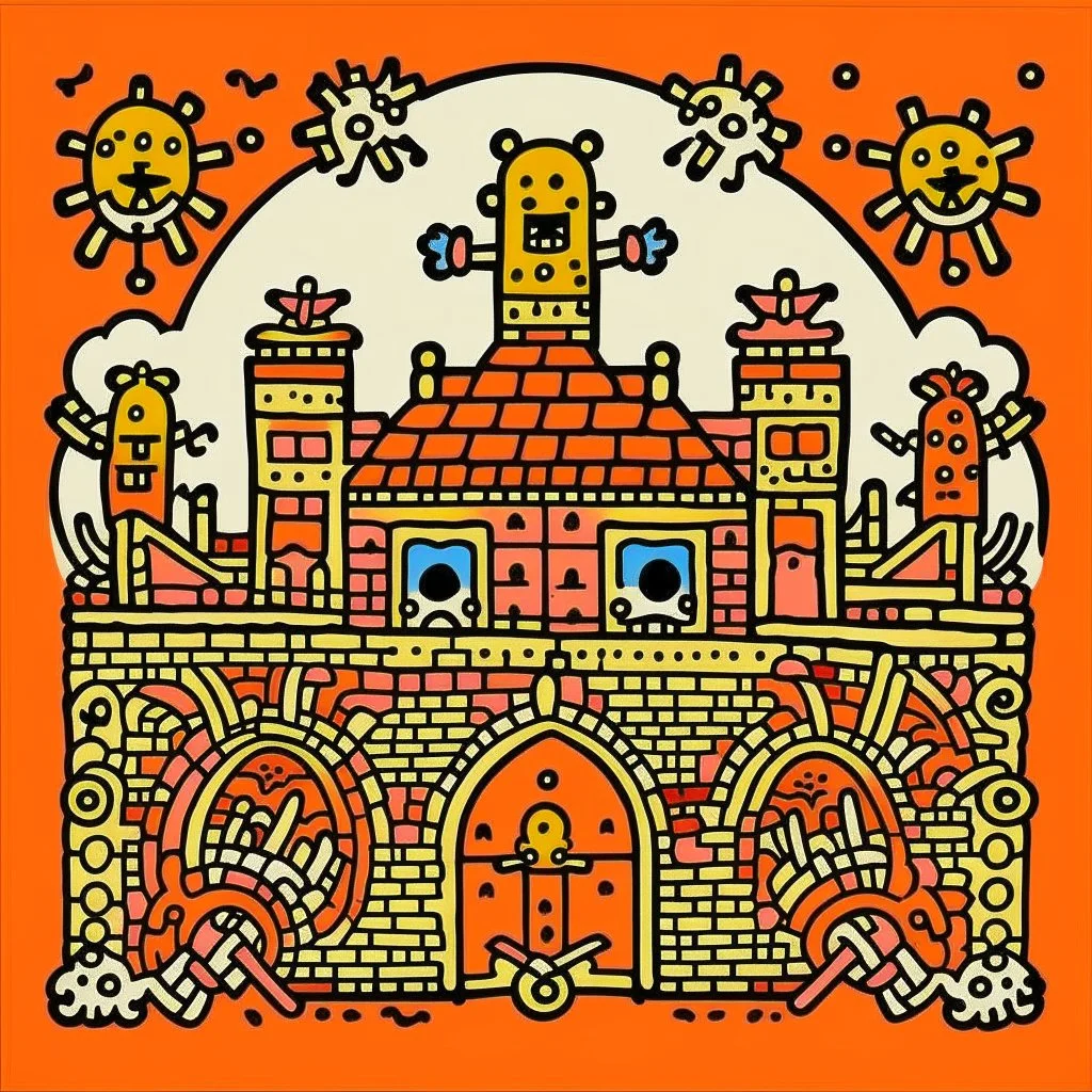 A light rosy orange colored fortress with swords painted by Keith Haring