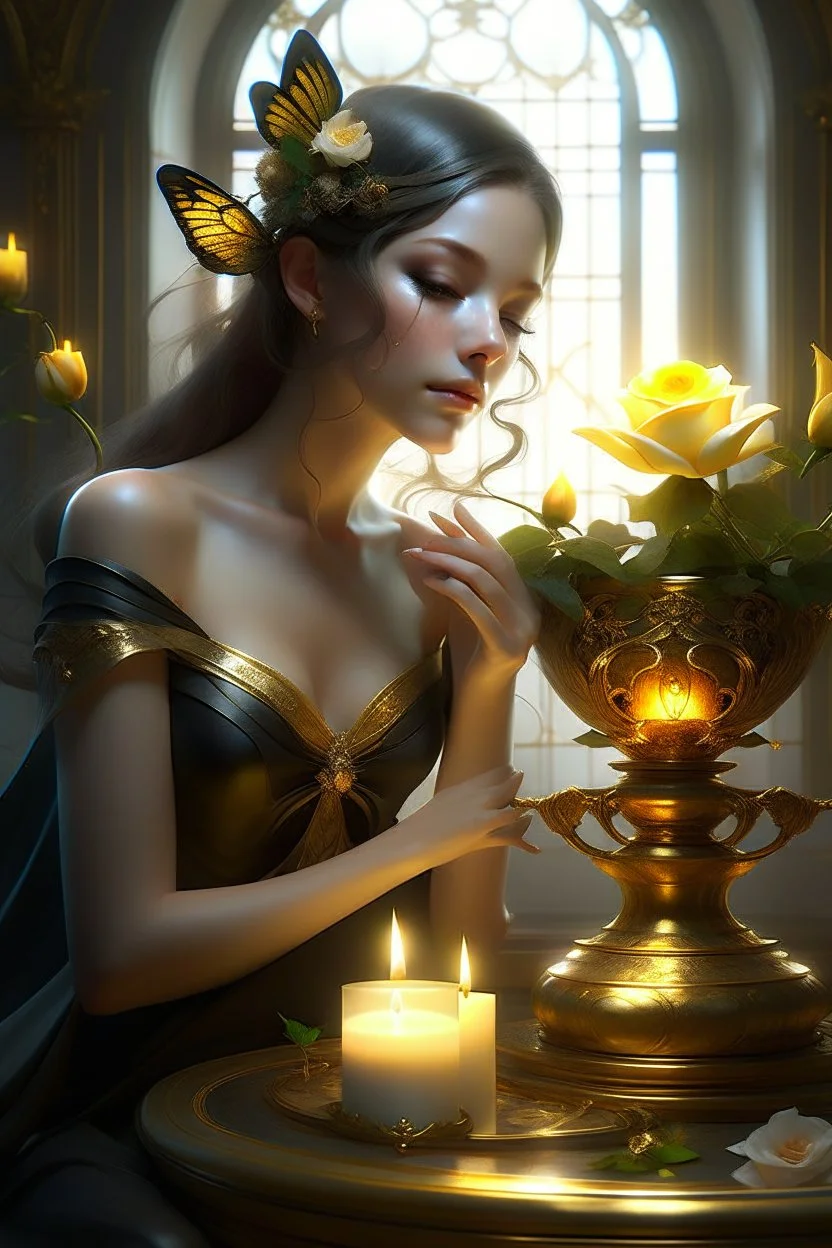 digital painting, unreal engine, blender art by artgerm, Greg Rutkowski and Alphonse mucha, a BLACK rose lies on the table, a golden butterfly on a candle, sadi sees a mirror with a spider web, white radiance, symmetry, super detail, hyper realistic, festive dream