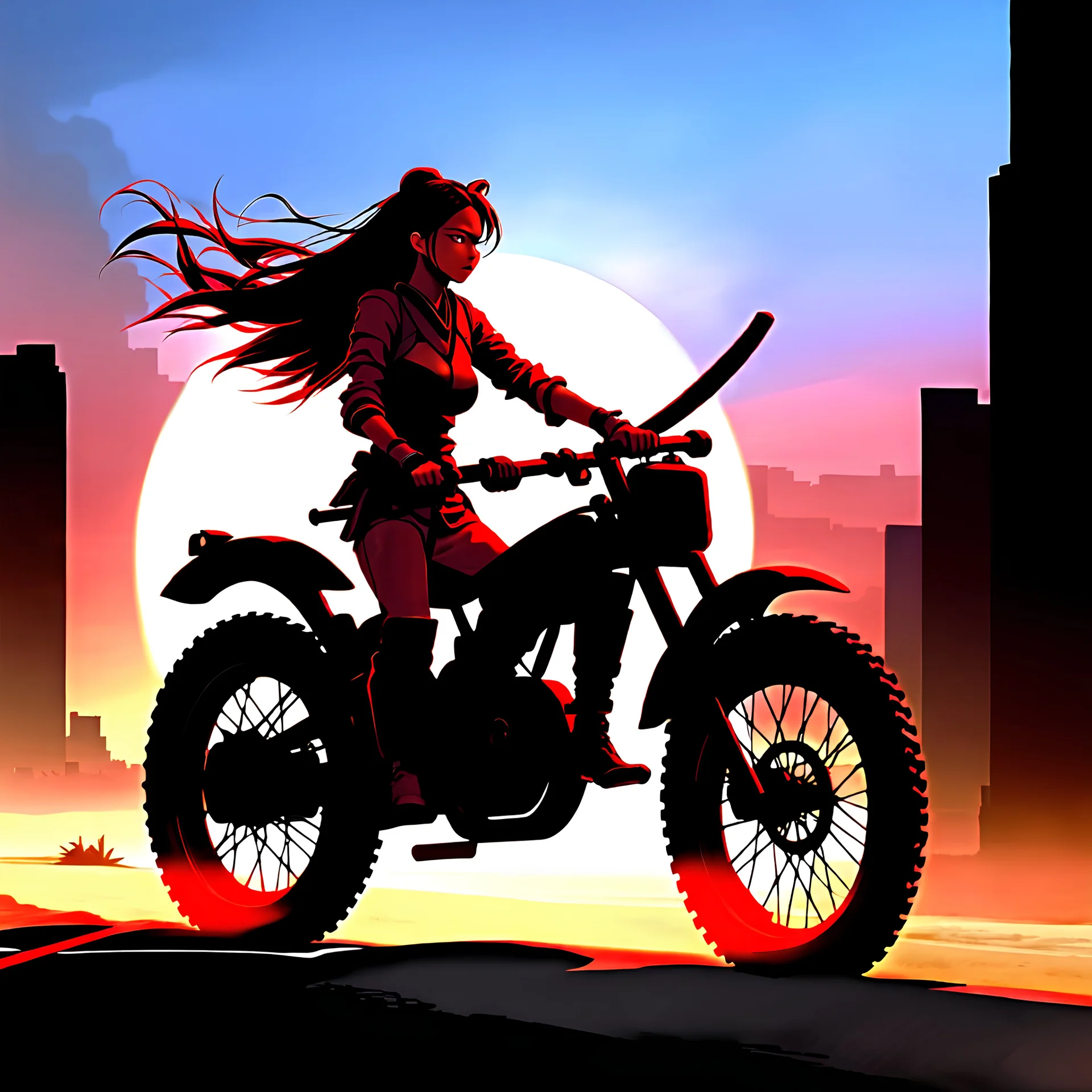 In a post-apocalyptic desert city at twilight, Asian cyborg female samurai warrior with hair flowing free, without a helmet, katanas strapped to her back, is riding a road warrior style chopper