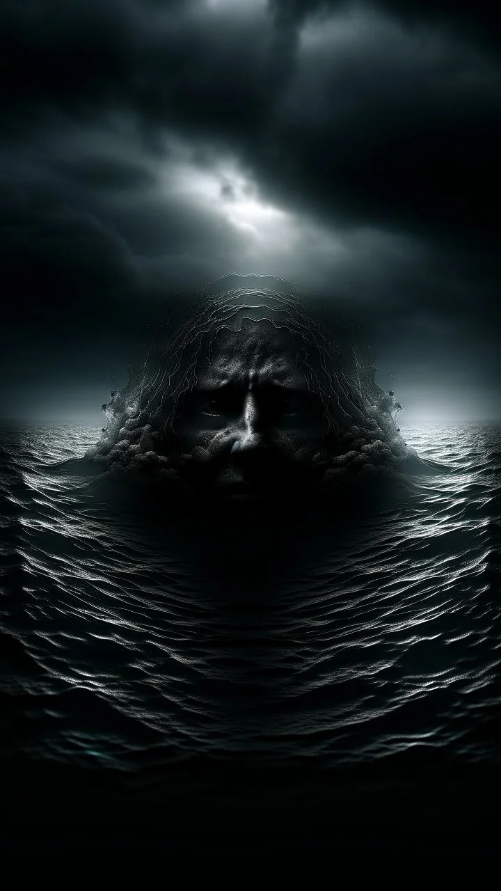 Mourning in dephts of ocean , a halo face with a smoky clouds and black batsin dark gloomy foggy background with very small dem light