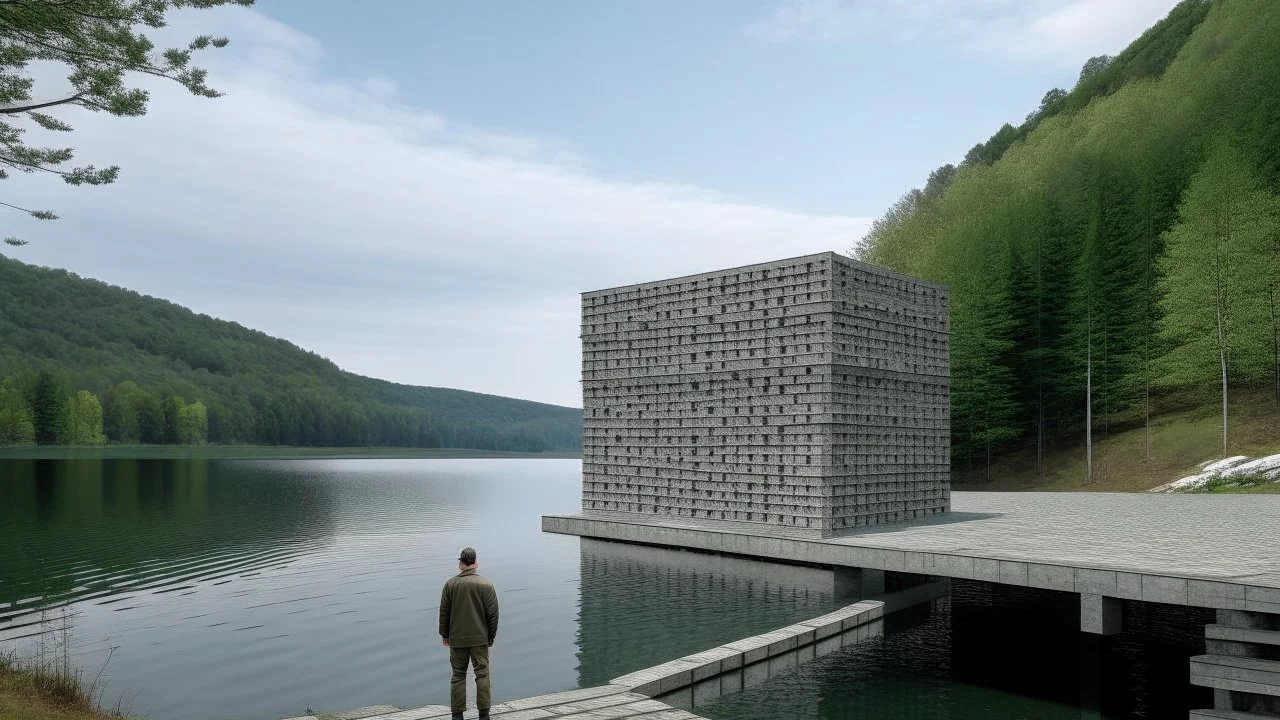 A man stands on a dock, gazing out at a body of water. Behind him, a large, square structure is visible, its gray facade punctuated by numerous small holes. The structure seems to be made of concrete and is situated near trees and a rocky cliff. The man appears to be alone, standing near the edge of the dock. The sky above is clear, suggesting it might be early morning or late afternoon. The water in front of the dock is calm, reflecting the structure and the man.