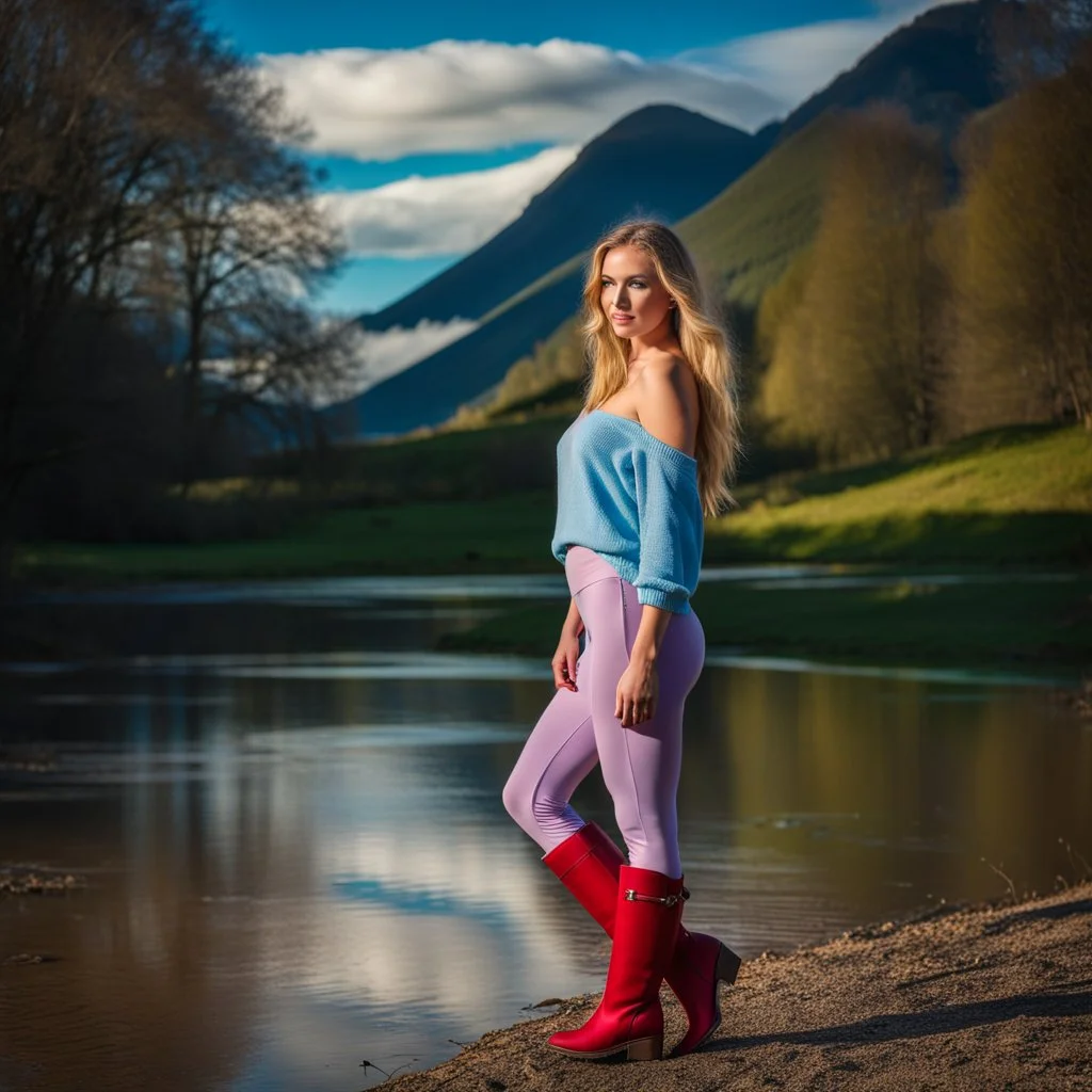 country side ,blue sky , mountains, pretty clouds ,small river with clear water and nice sands in floor,beautiful 18 year old girl with ash blonde hair and blue eyes with her curvy hair down, wearing a long-sleeved woollen top, and lilac long leggings, with long red boots full body standing pose shot