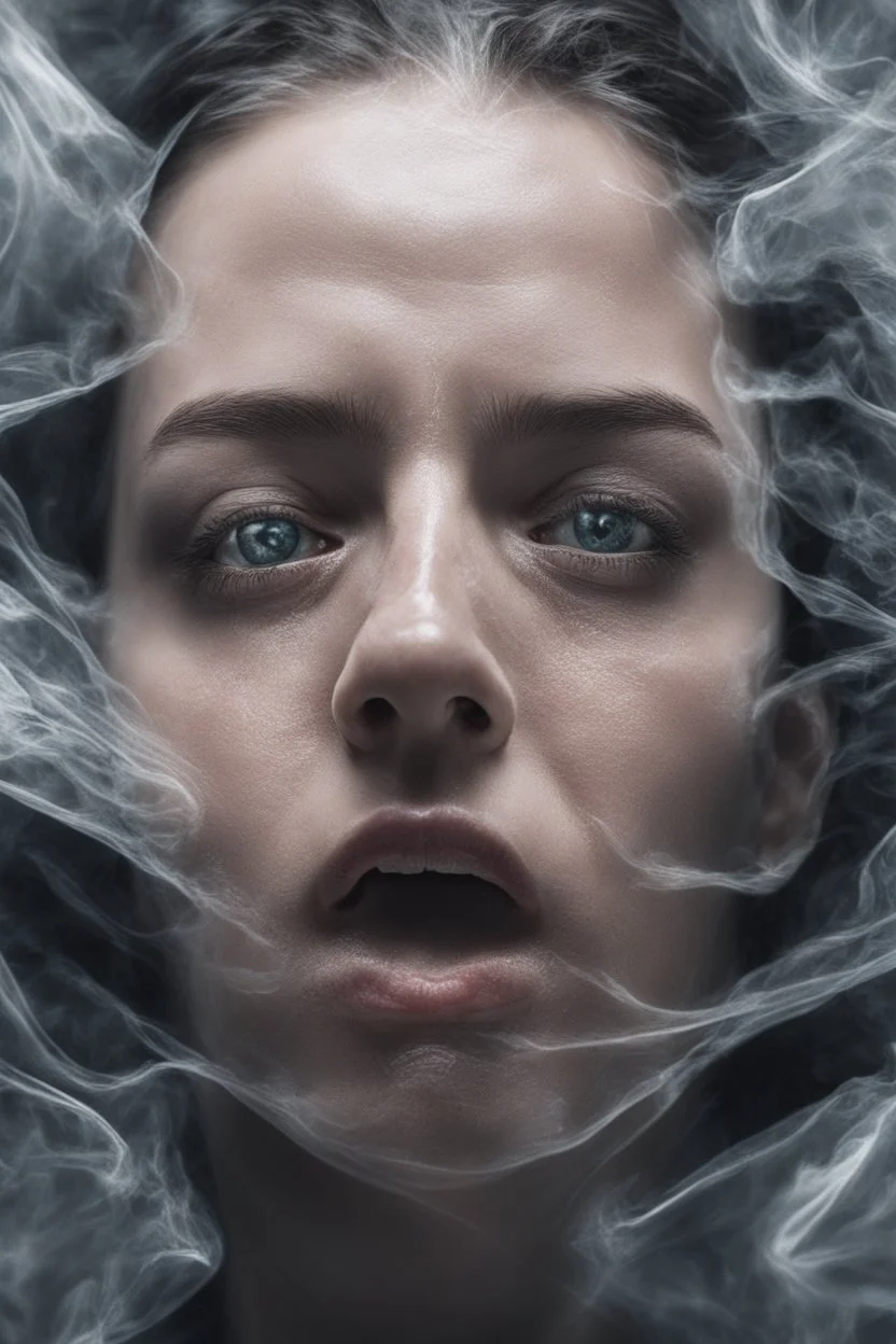 A realistic , 8k high quality image of a person's face from above, face is covered with a plastic, can't breath, suffocating with the face showing like vacuumed under the plastic, eyes open and looking in fear, metaphorically depicting the suffocating grip of anxiety, gothic and dramatic, chaos80 , with debree flying around, abstract