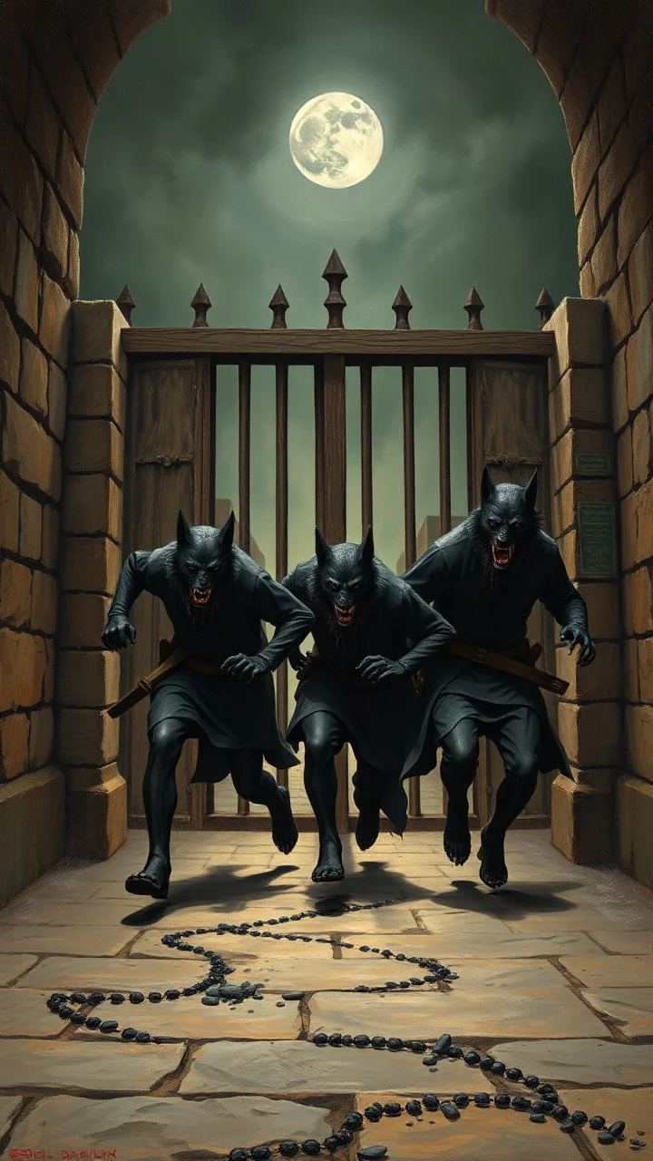 Bosch painting style , three black wolfs men run out of the prison after opened the prison gate and escaped
