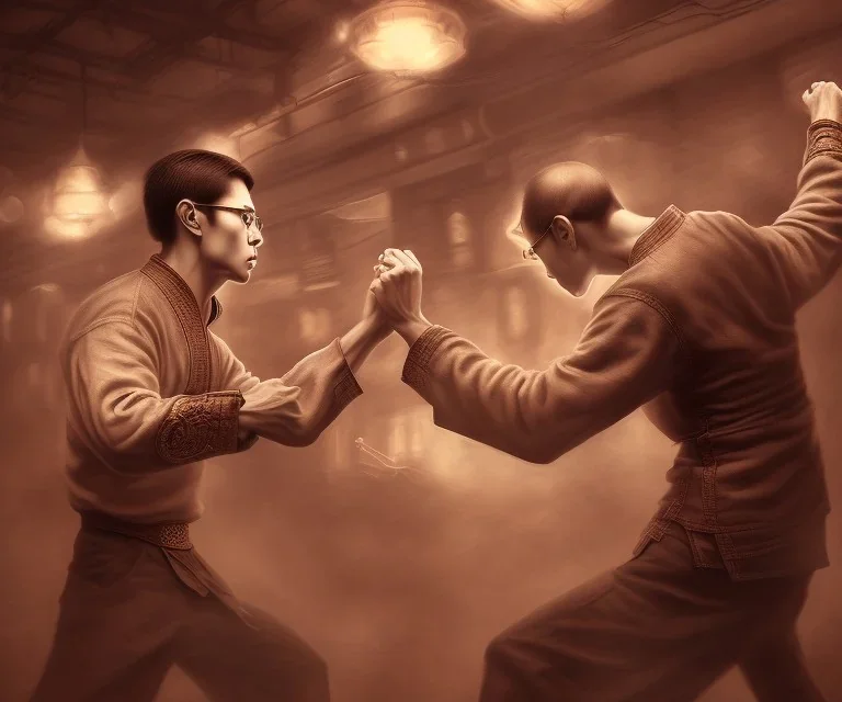 mdjrny-v4 style, twin plain clothed American kung fu artists in Chinatown in a fighting stance, dramatic lighting, epic photo, volumetric lighting, detailed, photo realistic, by drew struzan, analog style, blur haze, cinematic,