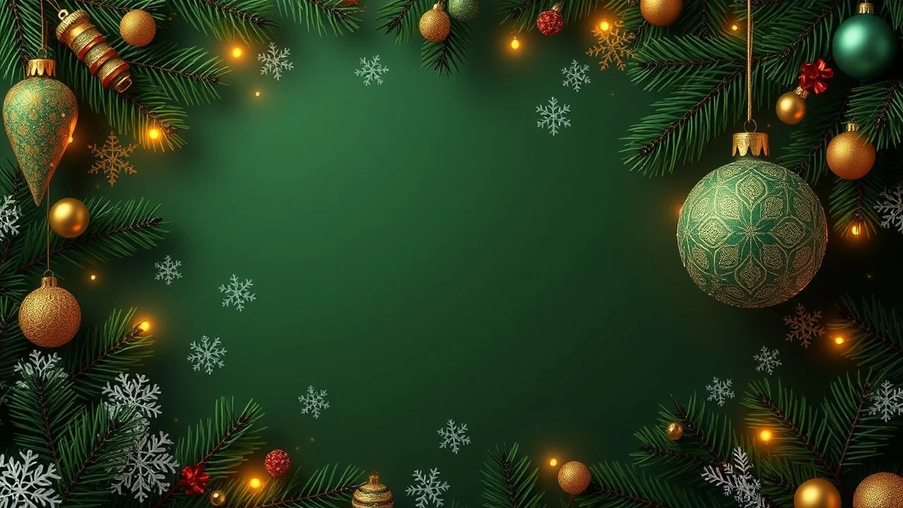 christmas background with green and gold decorations and snowflakes, emitting light ornaments, gold and green, 8k)), 8 k, 8k, gold decorations, dark green background,