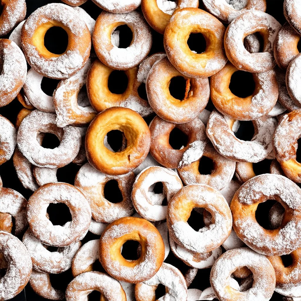 a polka dot pattern of round cake donuts with hole in the middle covered in white powder, single line weight