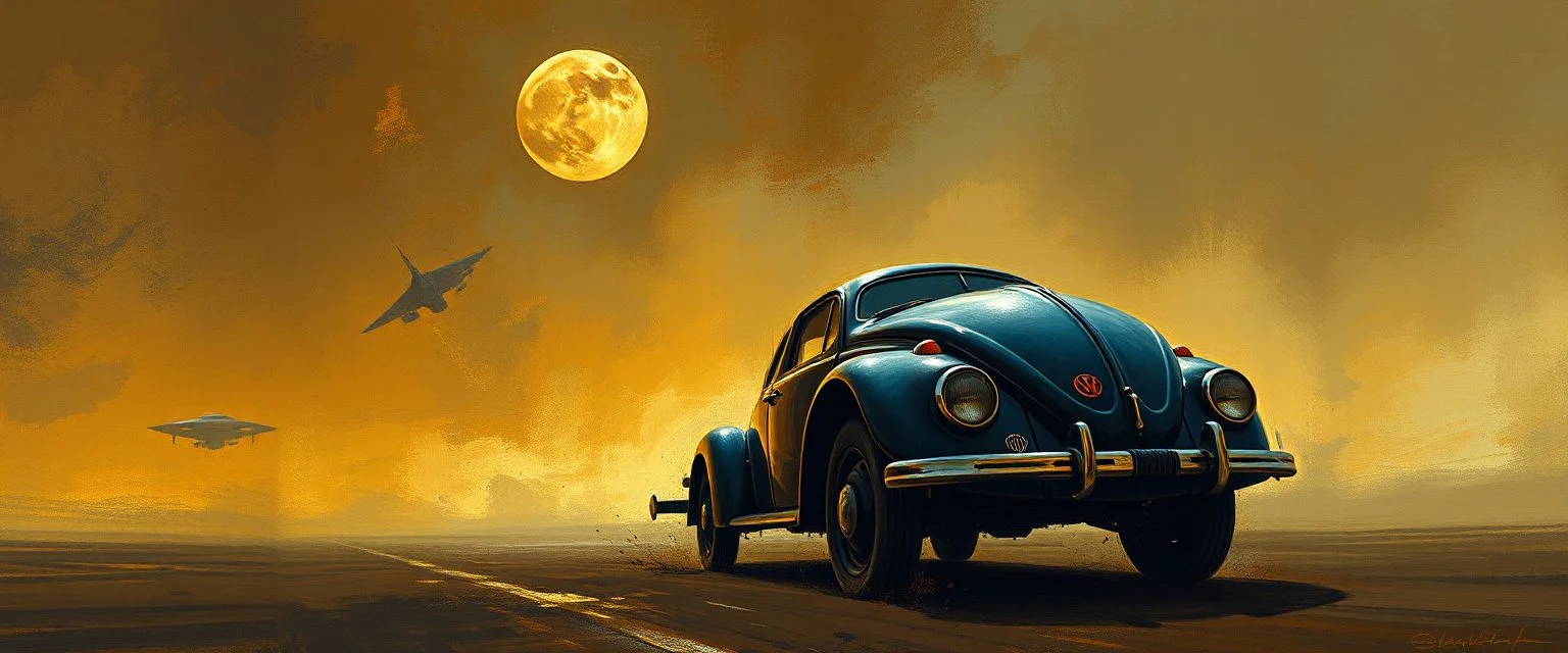 a high definition screen shot of a jet-fighter vw-beetle, retrofuturistic, phototrealism, Macabre Rapture End of days Revelation scene, loose brush stroke matte oil painting, sinner apotheosis,diagonal composition, unbalanced, abstract surreal horror, eerie, scary warm colors, Eldritch, by Colin McCahon Upscale @JonKnockTurnal 2999 ufo, bilaterally