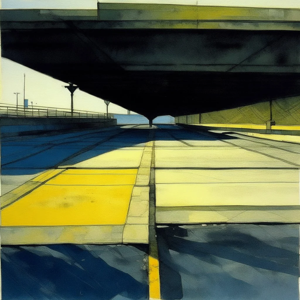 Minimal contemporary abstract watercolour of a concrete desolate 1960s carpark. In the style of Justin Mortimer and Francis Bacon. road markings on tarmac.