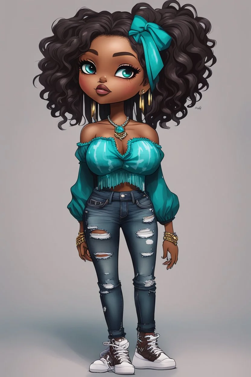 create a colorful digital urban culture art image 8k of a chibi curvy black female wearing torn jeans pants with fringe on the side and a teal-tie dye off the shoulder blouse. Prominent make up with hazel eyes. Highly detailed long WAVY PONYTAIL