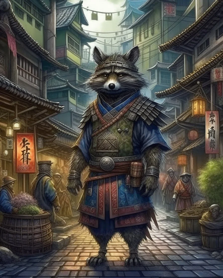 highly detailed concept illustration of an alternate reality ancient China samurai racoon wanderer in a street, maximalist, highest resolution, Masahiro Ito, boldly inked, 8k, coarse, gritty textures