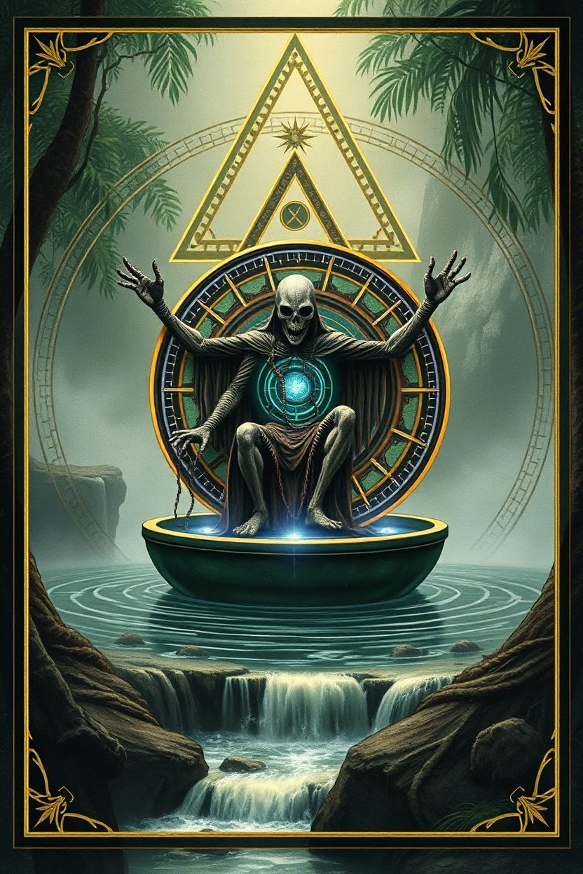 sacred geometry framed action figure card of a crucified alien necrophyte electric eel necromancer on round swamp transparent glass obcidian boat beholder eye wheel throne in a charged foggy jungle waterfall, with withered filmgrain in the style of Titian