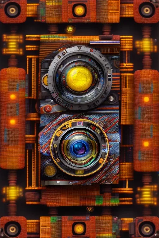 futuristic pinhole camera in Kente, rusted clocks lens, cinematic, scaffolding, cyberpunk, 8k quality